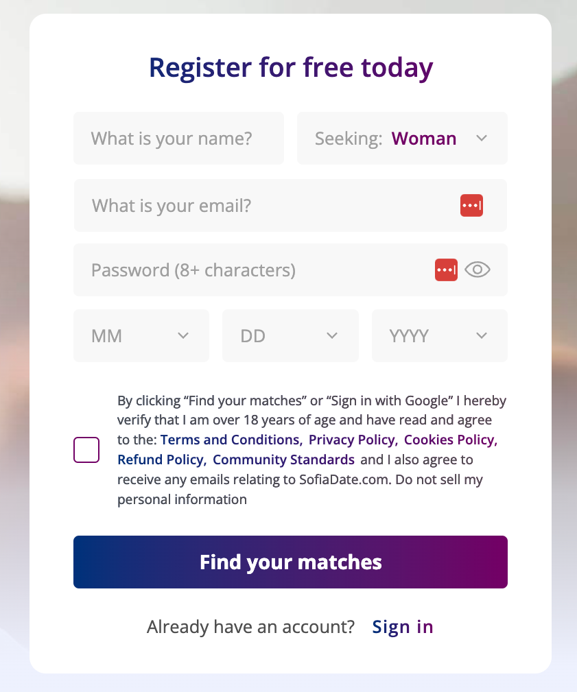 Sign-up process on SofiaDate