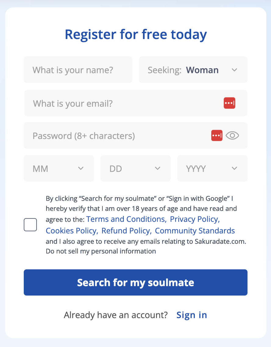 Sign-up process on Sakura Date
