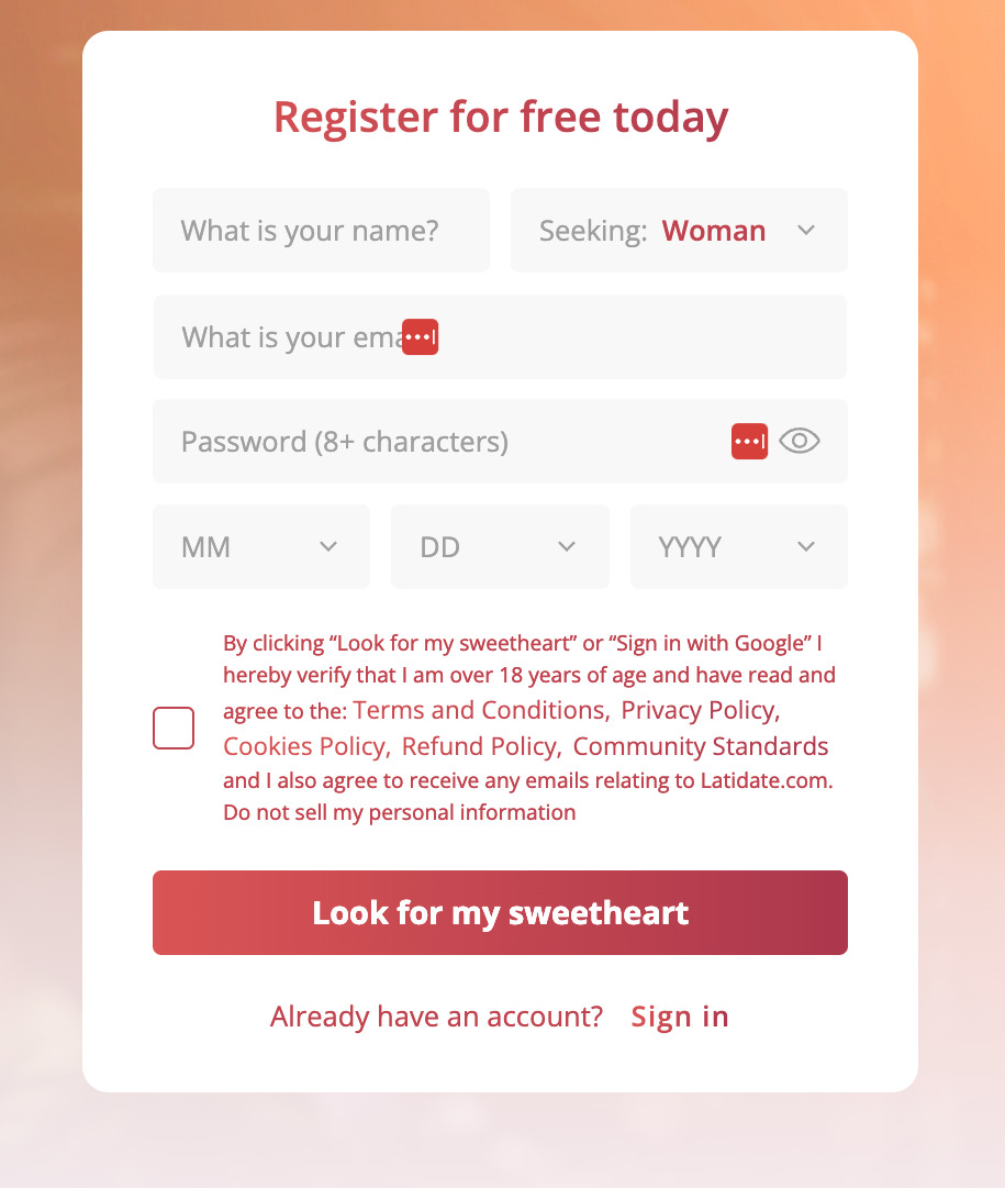 LatiDate sign-up