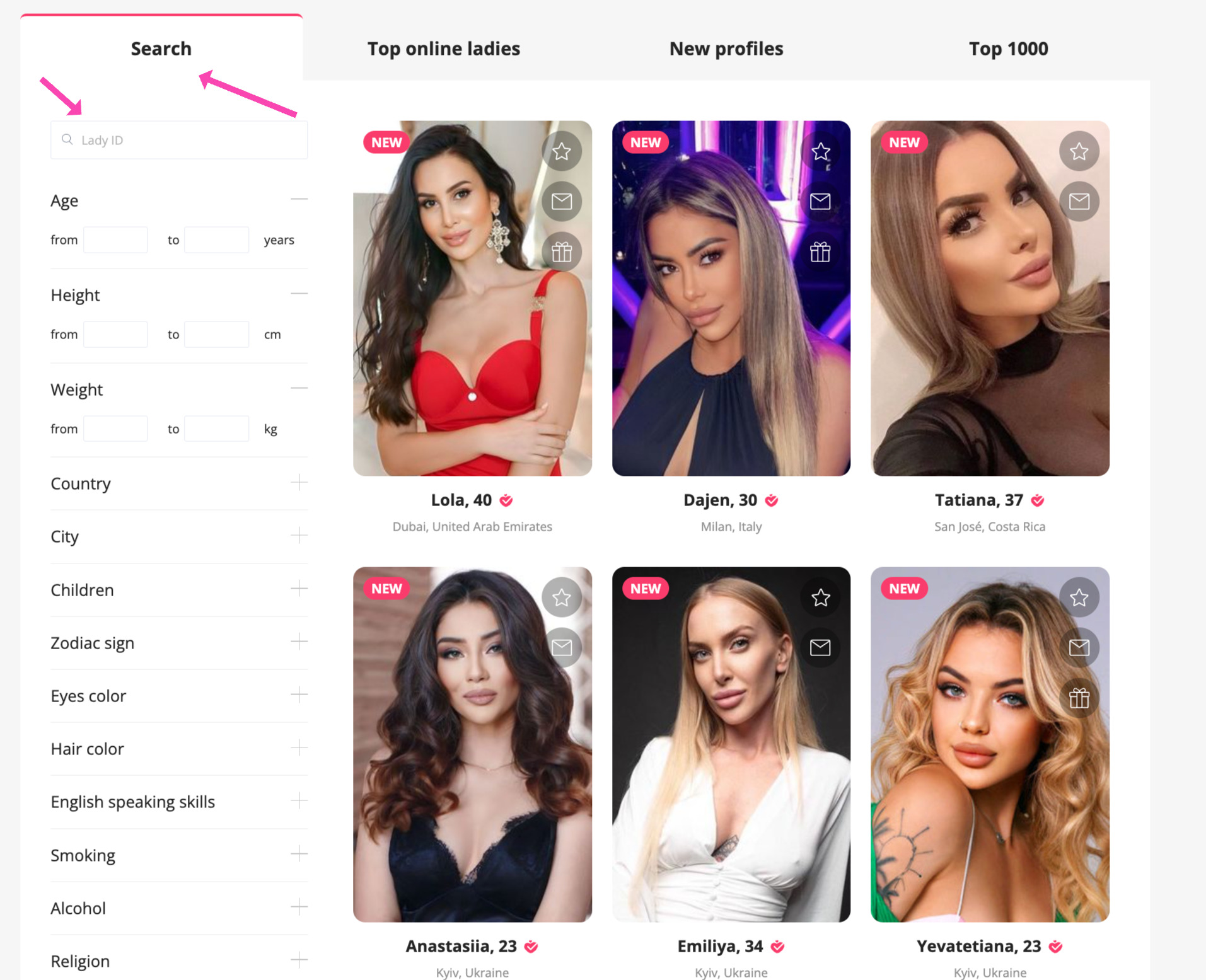 basic search filters on Golden Bride