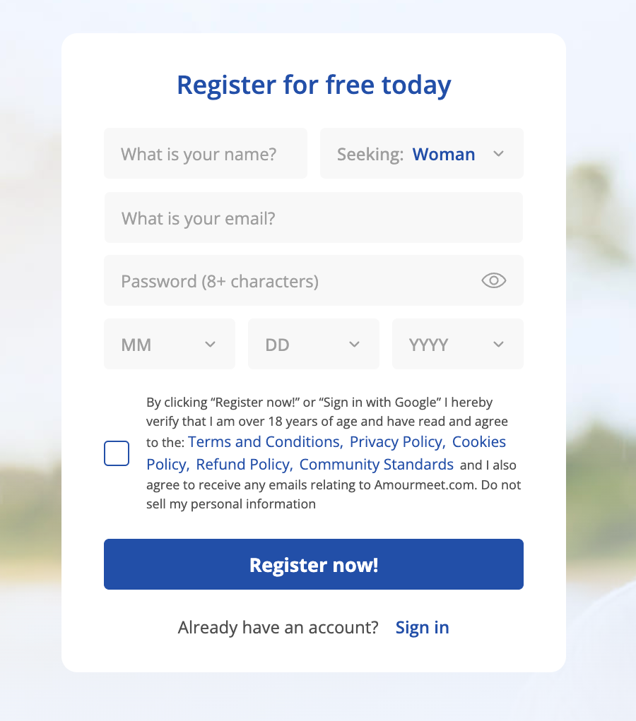 Sign-up process on AmourMeet