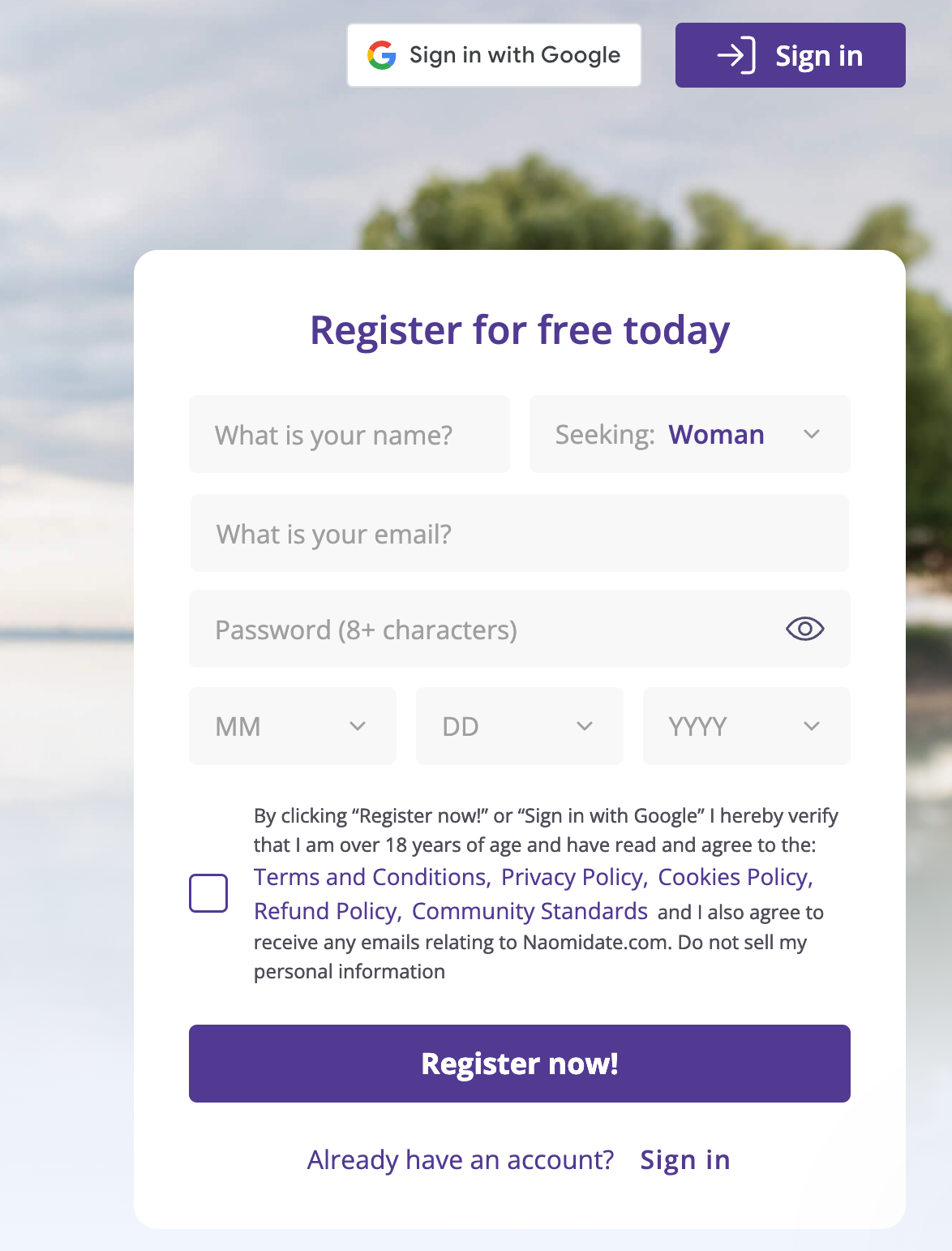 Sign-up process on NaomiDate