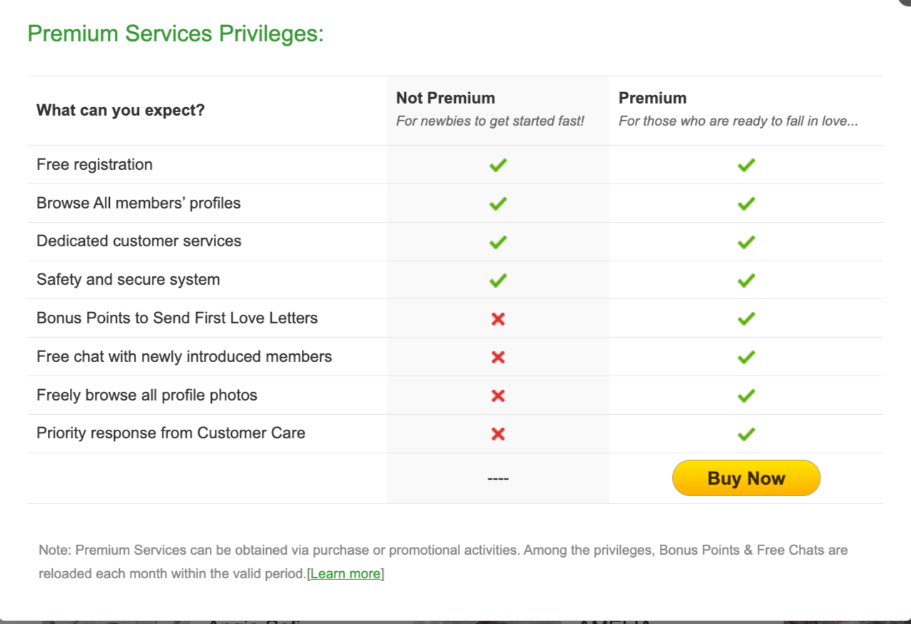Free and paid services on ColombiaLady