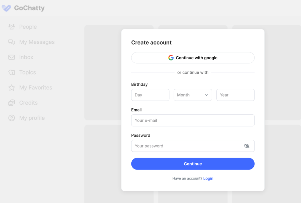 Sign up process on GoChatty